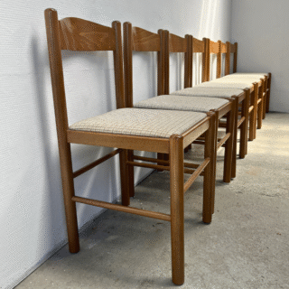 Set (7) eetkamerstoelen – hout, geruit | jaren ‘70