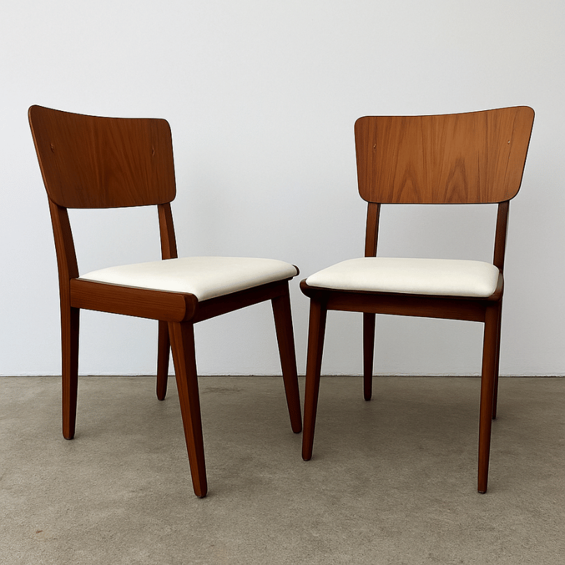 Set (2) eetkamerstoelen teak – wit skai | jaren ‘60