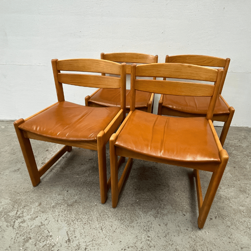 Set (4) stoelen, licht eiken – leer | jaren ‘70 - Afbeelding 2