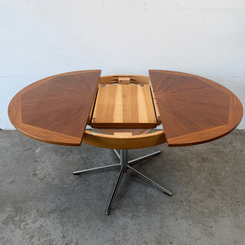 Eettafel rond, teak, chroom – verlengbaar | jaren ‘60 - Afbeelding 3