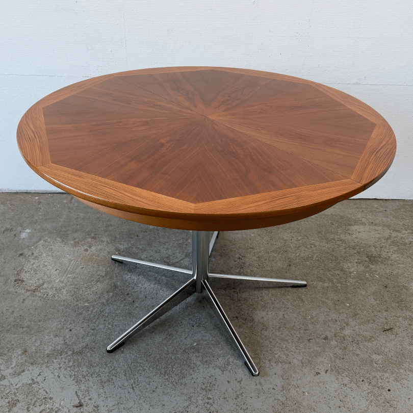 Eettafel rond, teak, chroom – verlengbaar | jaren ‘60