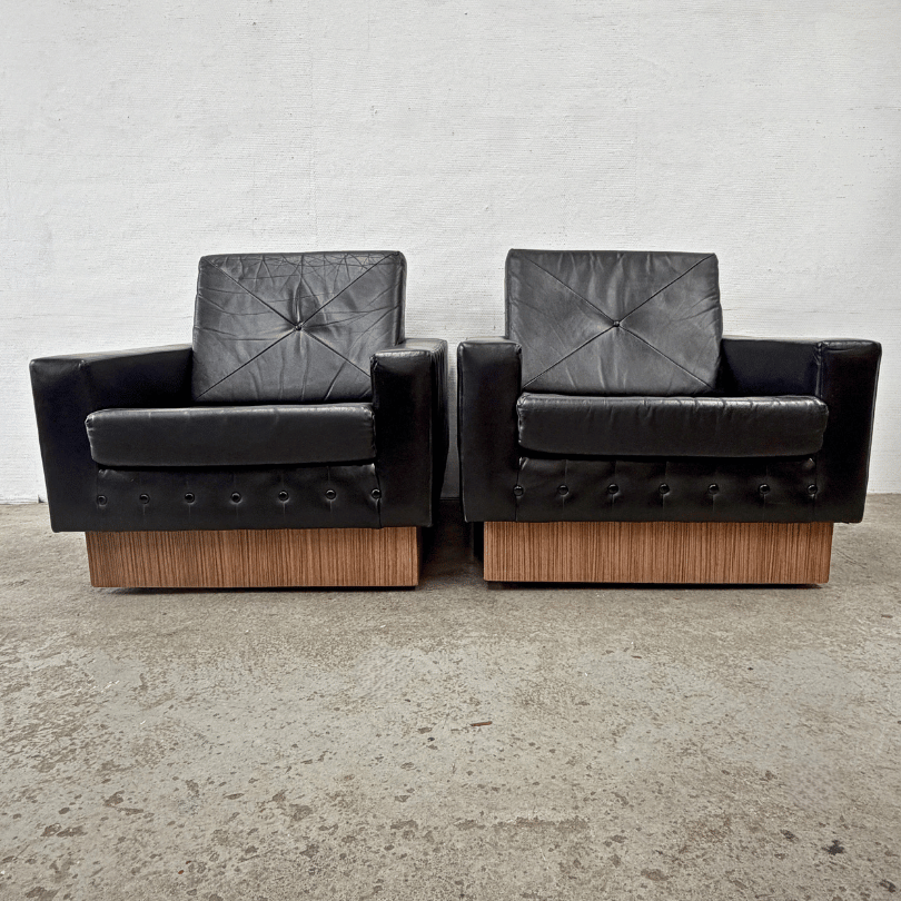 Fauteuil – zwart leer *2 stuks* | jaren ‘60 - Afbeelding 2