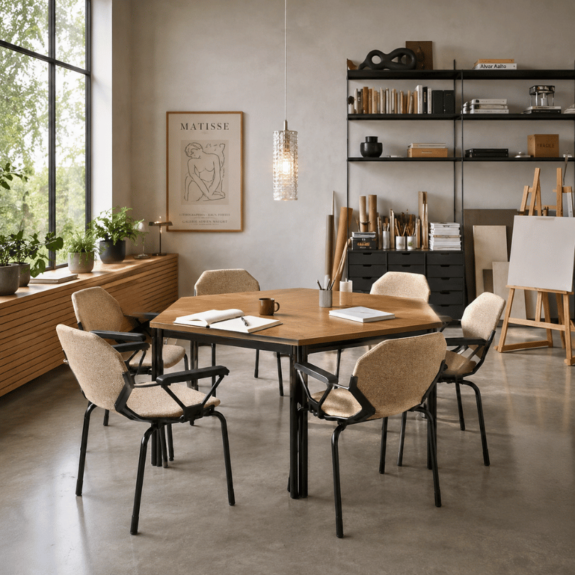 Set van 6 stoelen en 2 tafels, octogonaal – Fröscher | jaren ‘80 - Afbeelding 10