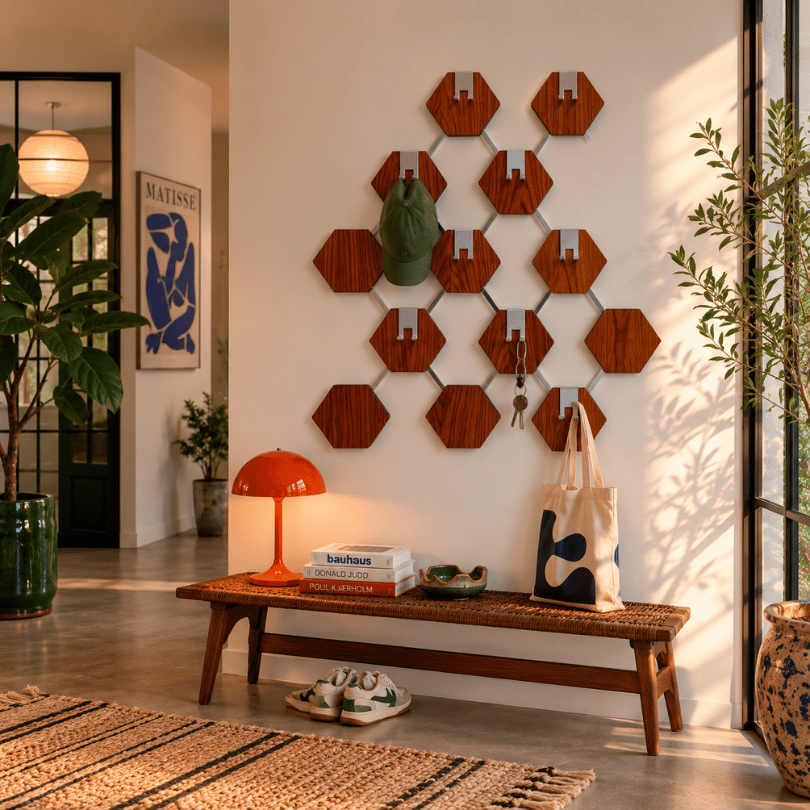 Wandkapstok hexagon, teak – chroom | jaren ‘70 - Afbeelding 5