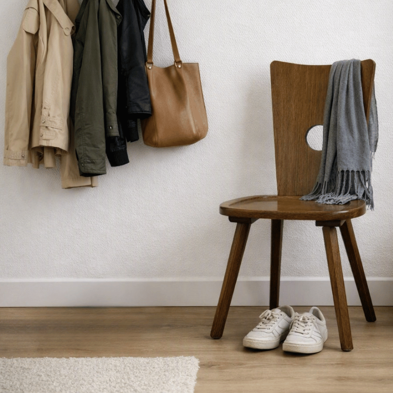 Vintage brutalistische stoel in massief hout met opvallende rugleuning. - Afbeelding 6