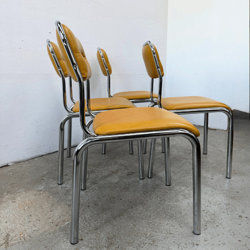 Set (4) chromen stoelen – skai geel | jaren ‘70 - Afbeelding 3